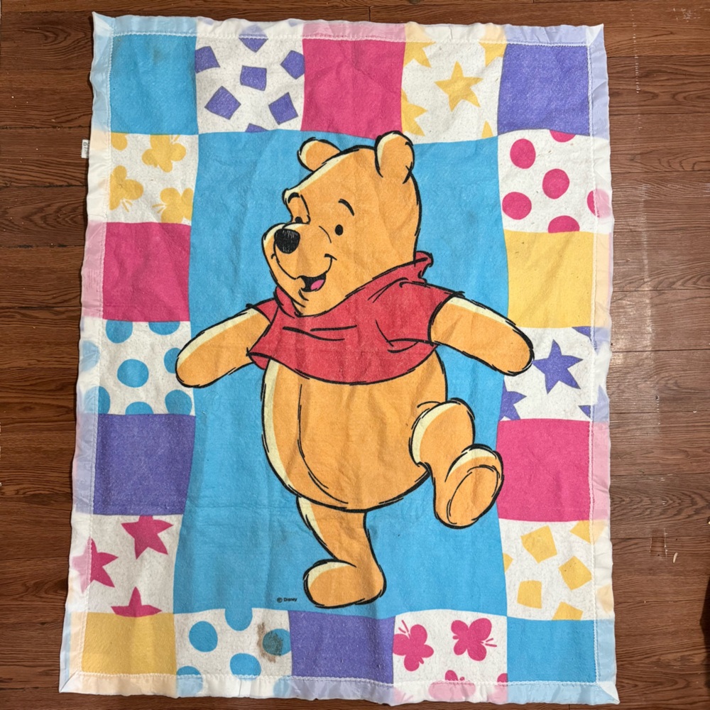 Vintage Winnie The Pooh Blanket Poly Acrylic Blend Satin Trim